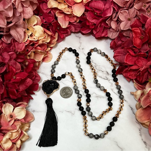 Natural Stone Necklace with Gold Dipped Hematite Geode Druzy Pendant & Tassel - Picture 14 of 16